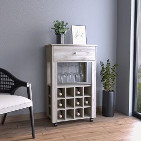 Memphis Bar Cart; Twelve Built-in Wine Rack; Four Legs; One Open Shelf -Light Gray